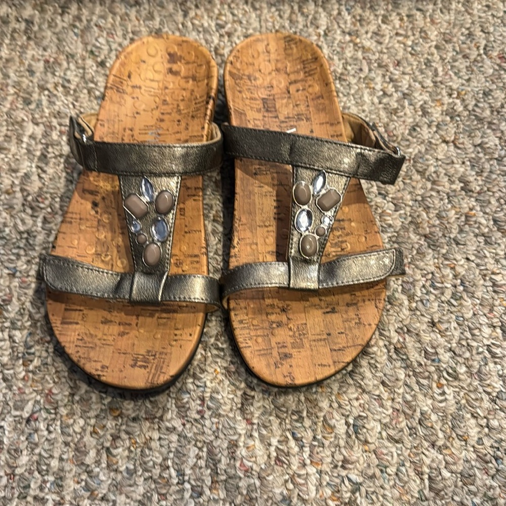 Vionic Slide Sandals, Pewter with Gems, Sz 8W